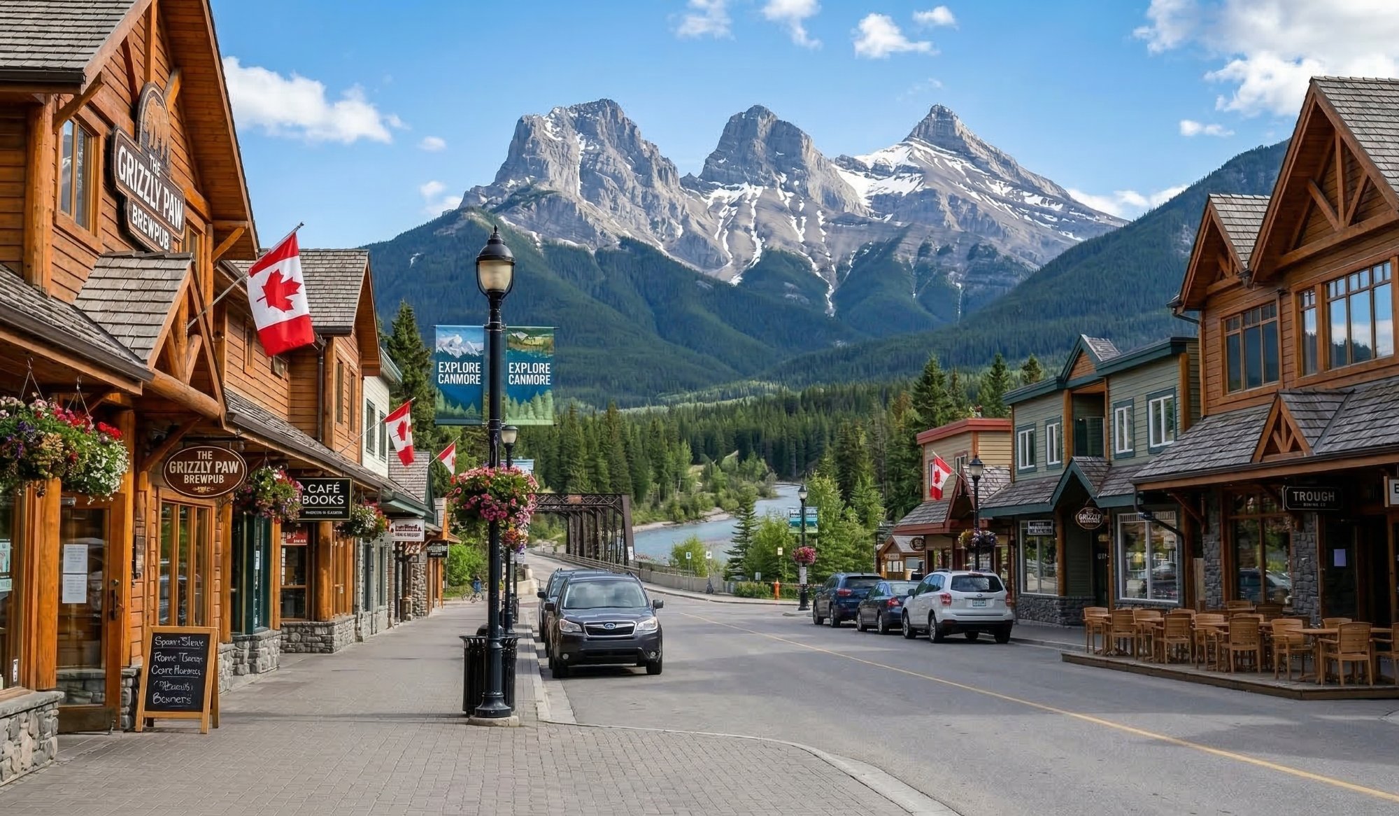 Canmore downtown with Three Sisters mountains